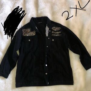 Women's Black Jean Jacket with Leopard Accents